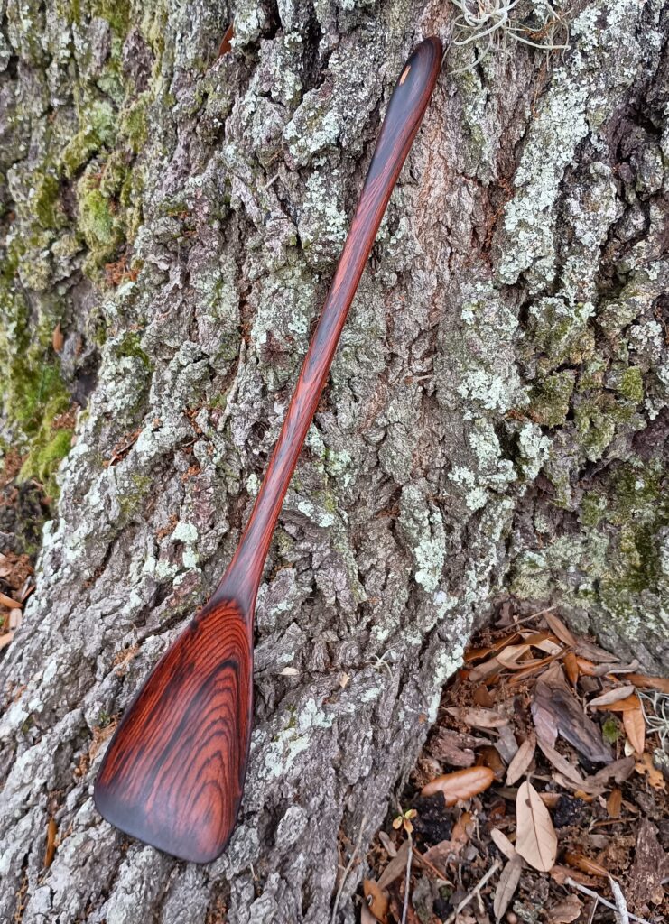 Extra long 16-1/2 inch hand-made cocobolo spoon & spatula with 3-1/8 inch wide bowl - tree background