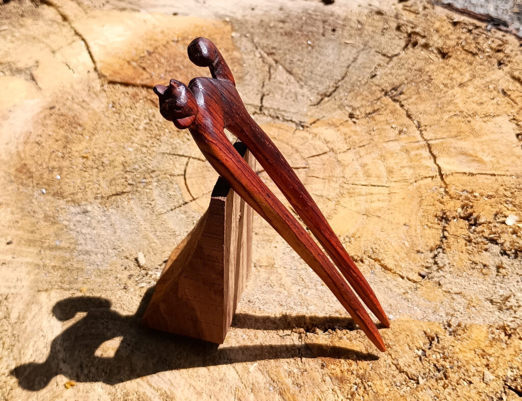 cocobolo cat hairpin, front view - made 04-17-2025