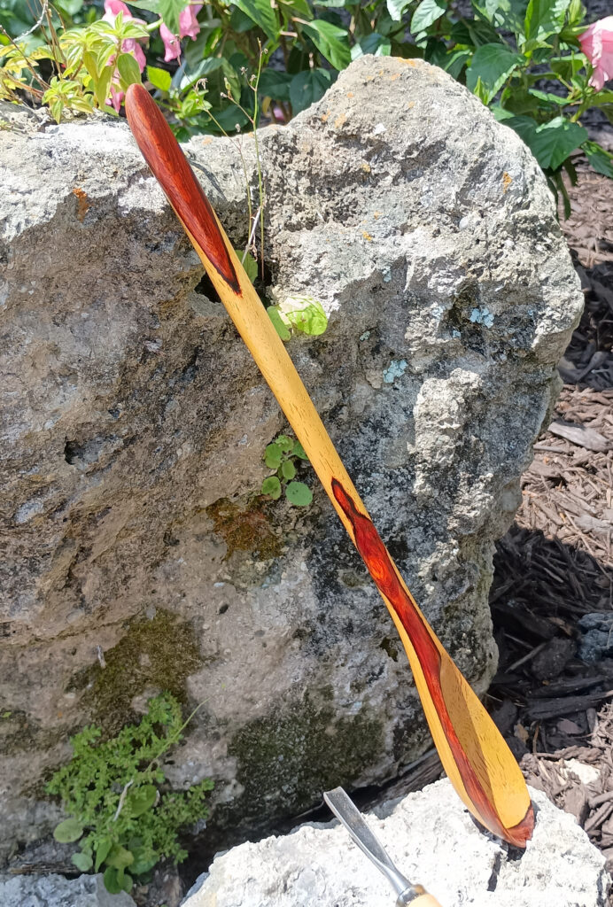 Mostly sapwood spoon made of cocobolo. 14-1/2 x 1-3/4 inches. Angle-2 Date Made: 04-10-2025