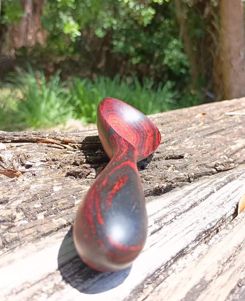 Handle view of short, stubby, extra stout cocobolo spoon @ 8.25 inches. Hand made 04-19-2025