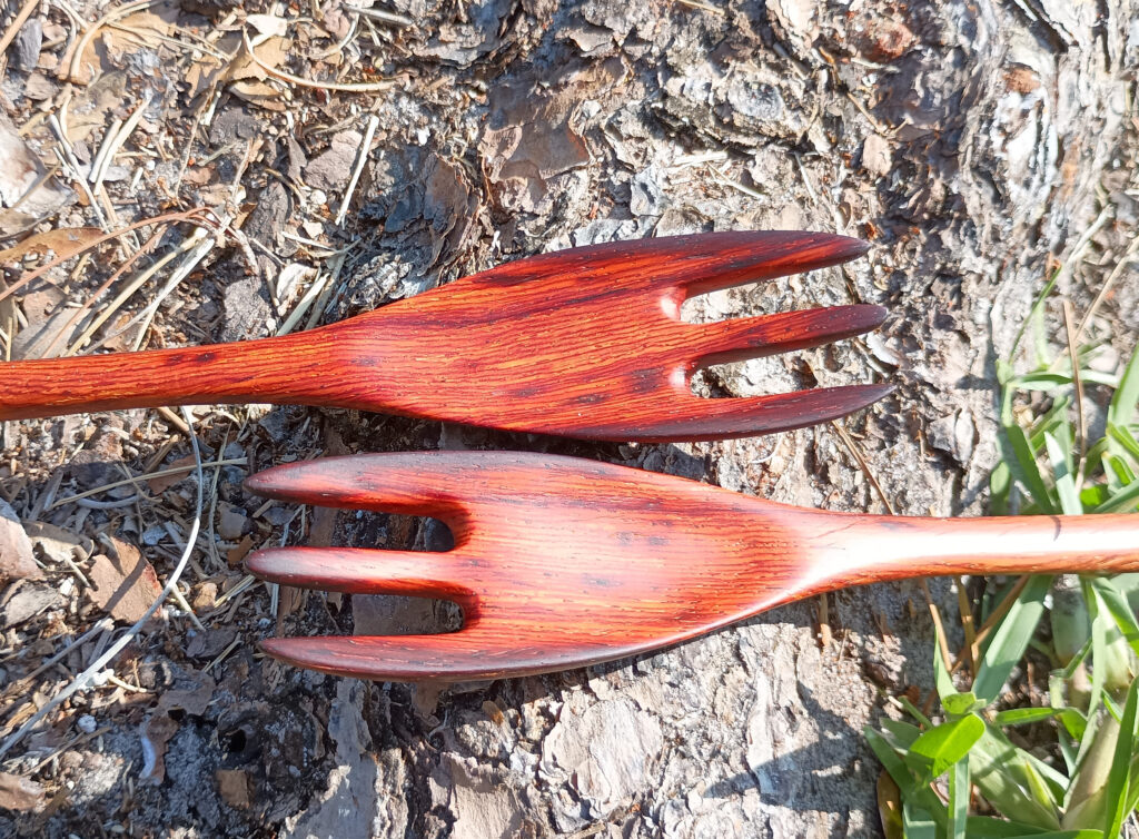 two small 13" cocobolo forks - close/fě view - made 05-08-2025