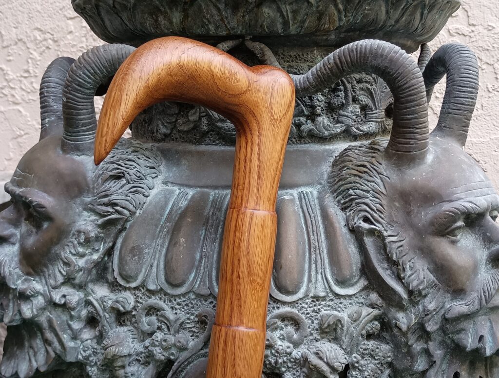 Self-defense cane made of a single, solid piece of white oak. Handle portion. Made 05-20-2025, Sarasota, FL