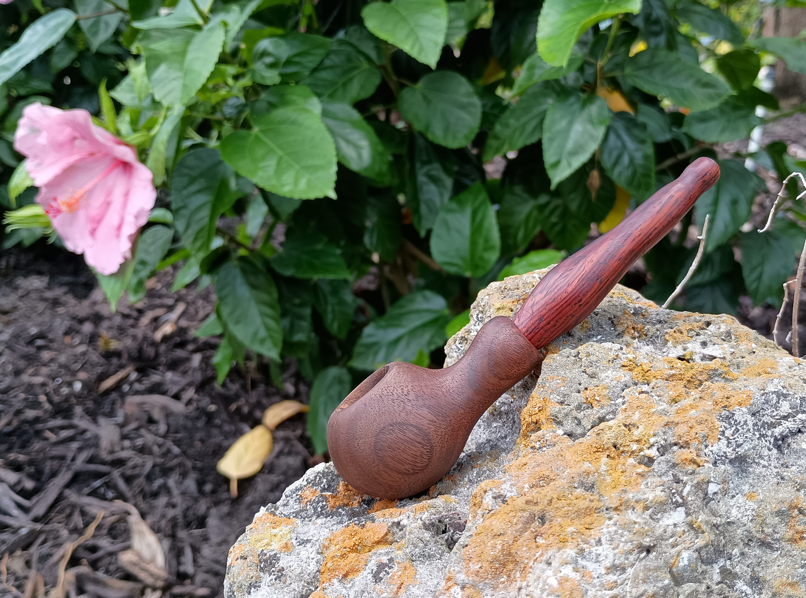 Two-piece walnut pipe with cocobolo bit.