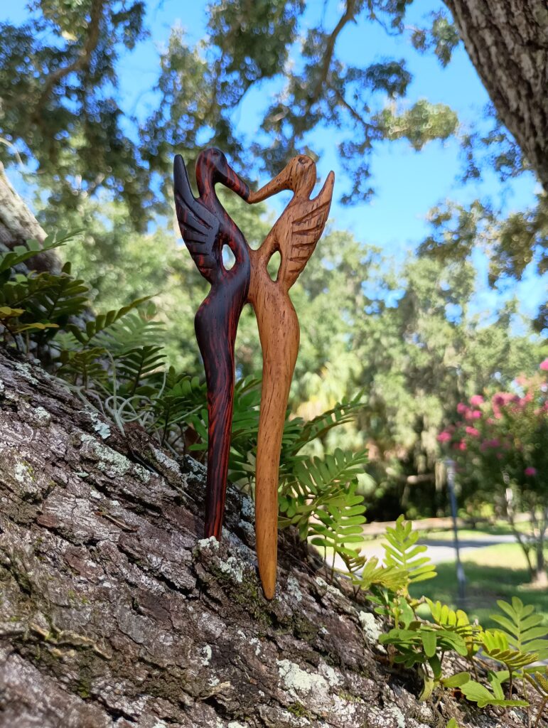 Tribute to the sandhill crane (B): hairpin carved from cocobolo. 08-08-2025 Sarasota