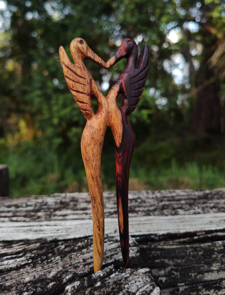 Tribute to the sandhill crane (A): hairpin carved from cocobolo. 08-08-2025 Sarasota
