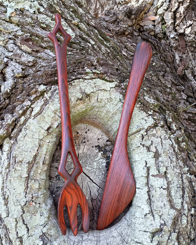 Handmade cocobolo fork (front side) and simple spatula design - July 2025