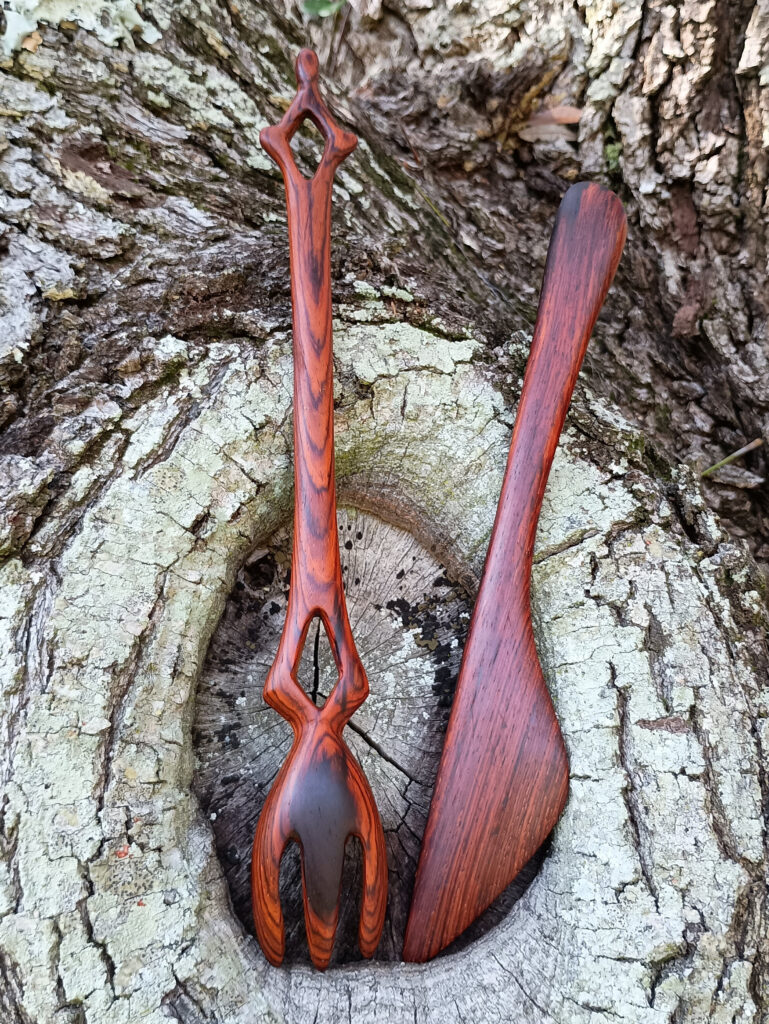 Handmade cocobolo fork (back side) and simple spatula. July 2025