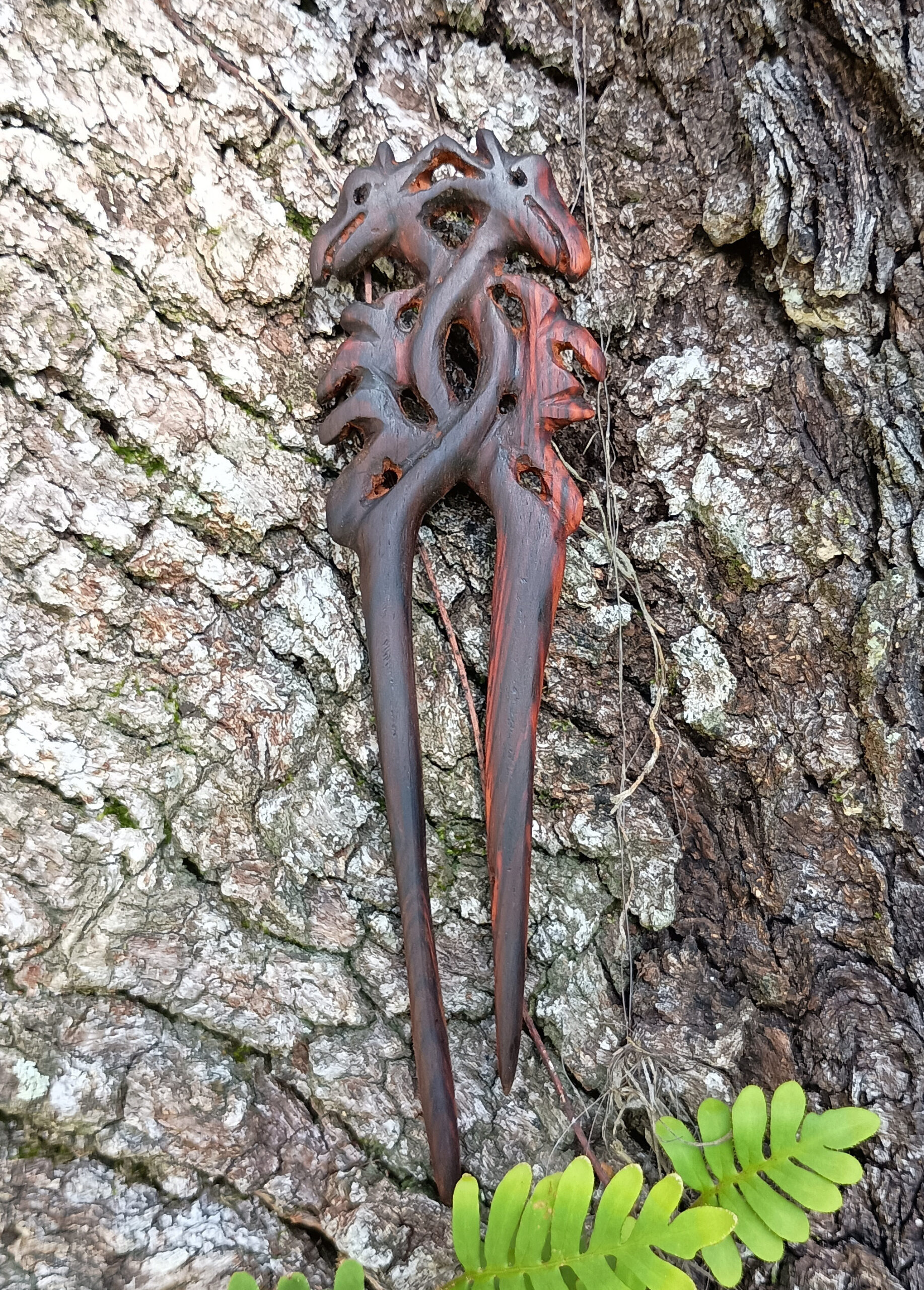 Dragon hairpin carved from cocobolo wood. 08-08-2025 Sarasota