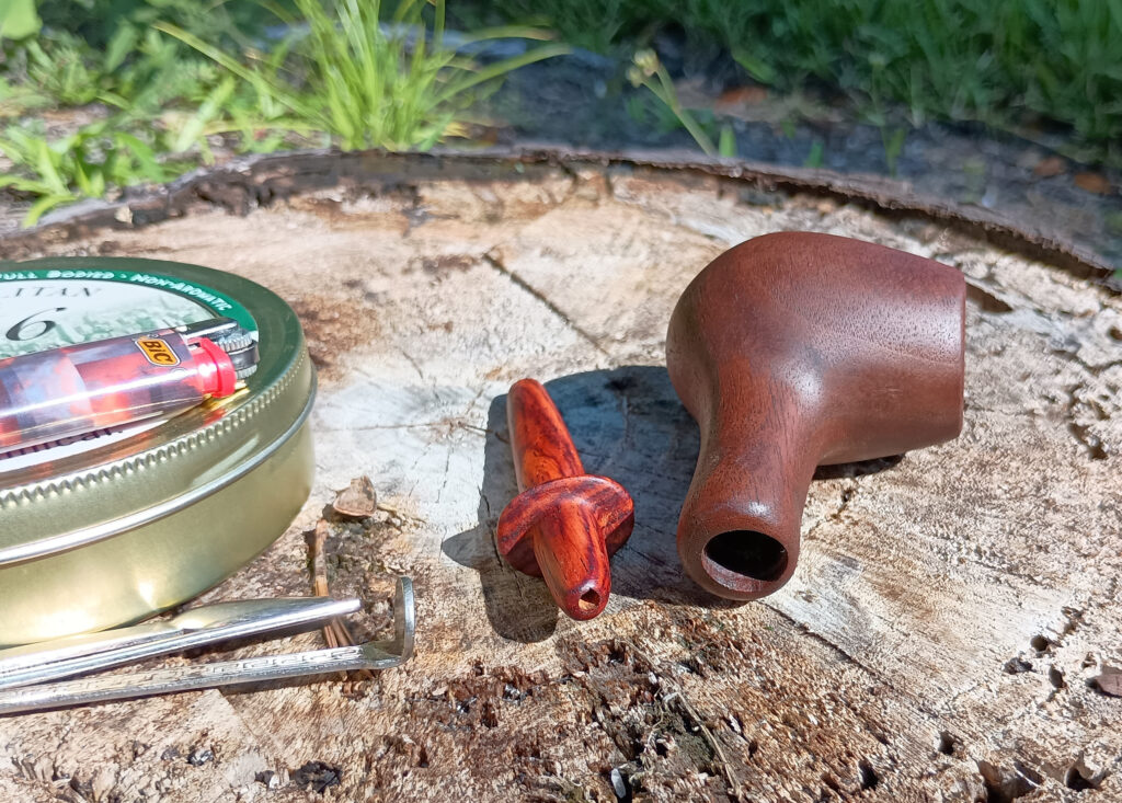 Handmade walnut pipe with cocobolo mouthpiece (disassembled view) - third attempt - 08-13-2025 Sarasota