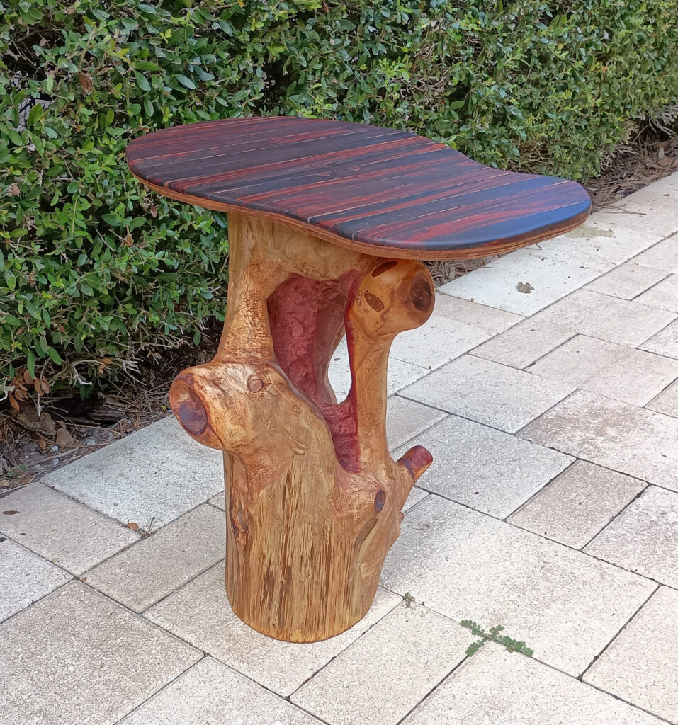 Finished table carved & hollowed from solid cedar log, with cocobolo top (view 2)