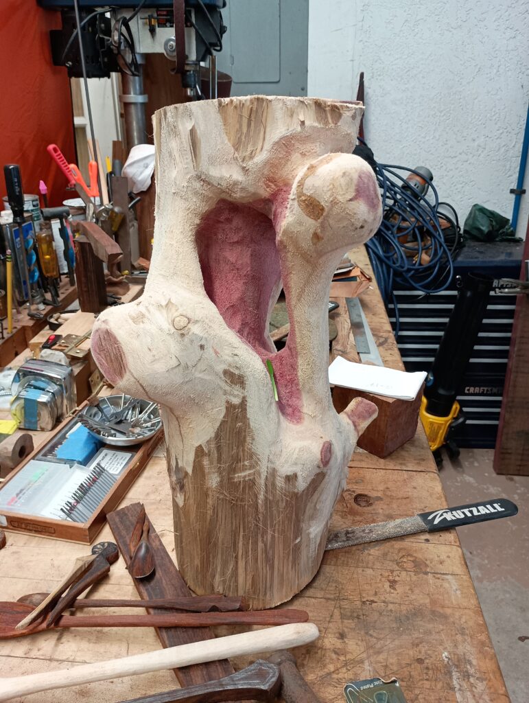 Solid cedar log carved, hollowed and almost finished. Step 2