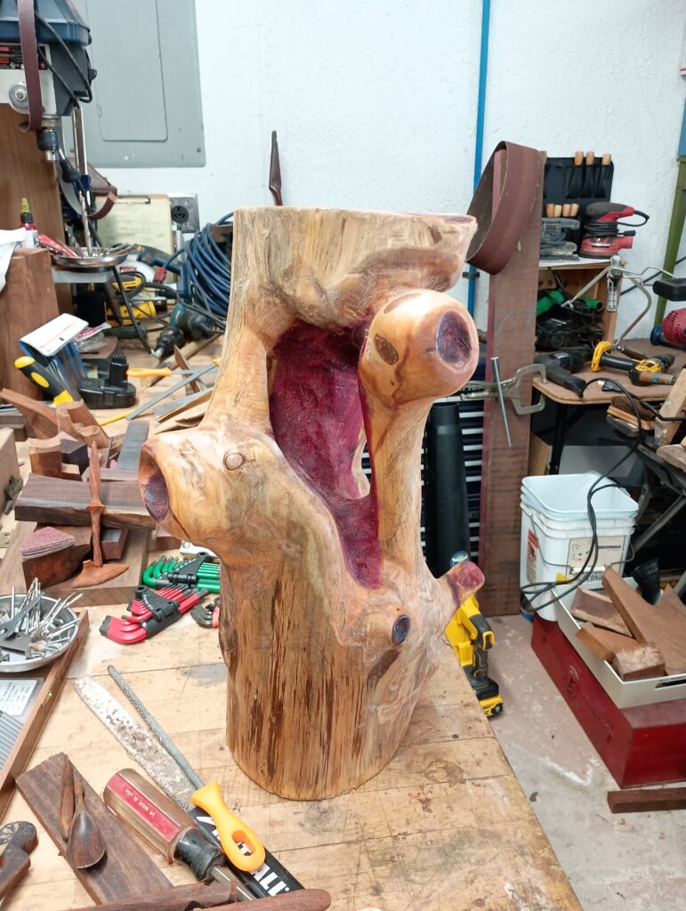 Solid cedar log, carved/hollowed, sanded, almost finished - Step 3