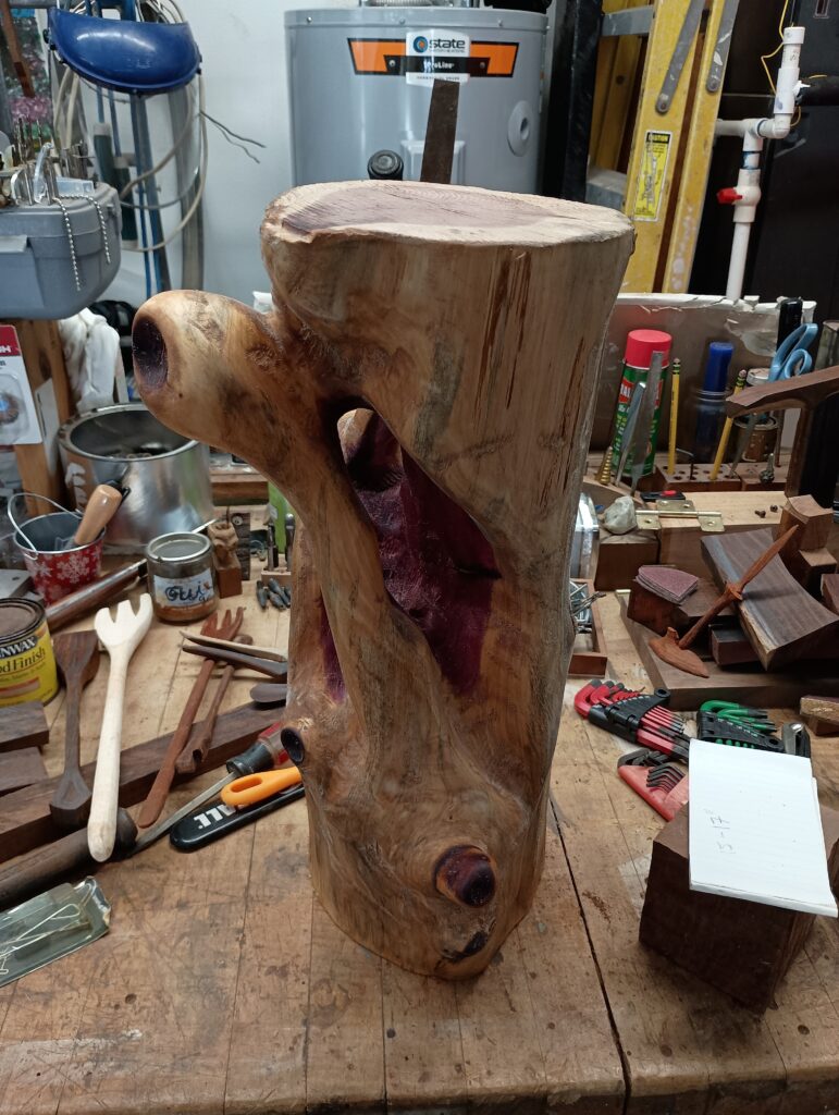 Finished base for solid log cedar table. Final step before attaching cocobolo top.